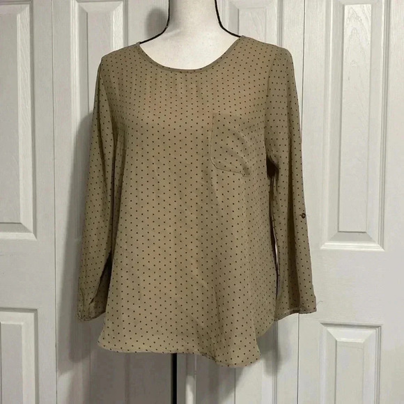 Lily White Tops - Lily White tan & navy polka dot shirt top blouse